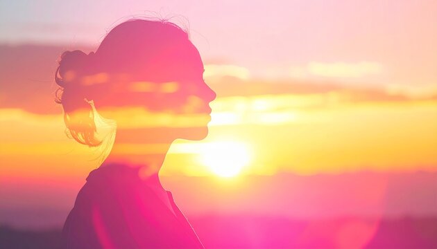 Double Exposure Woman Silhouette with Glowing Sunrise Warm Sky hope and new beginning concept
