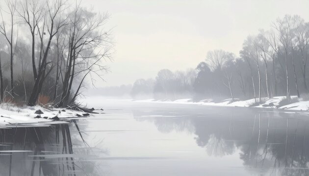 Misty Winter River with Bare Trees and Snow Oil Painting Style Serene Nature Concept Gray Background