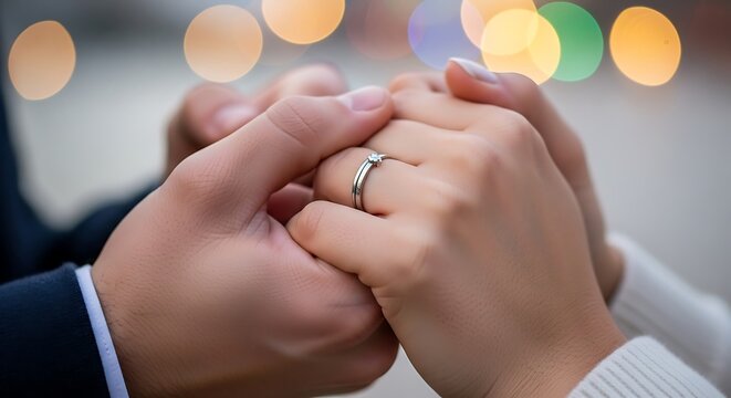 Couple holding hands with engagement ring showing commitment and love in a soft romantic evening bokeh light setting
