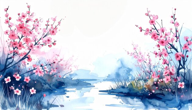 Wild Plum Blossoms Along Flowing Stream Watercolor Illustration White Background Seasonal Nature Concept