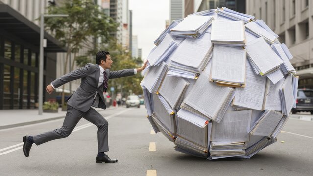 Professional Man Running Towards Large Ball of Paperwork in City
