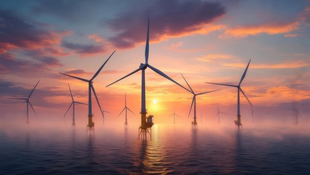 Sunrise over wind turbines at sea