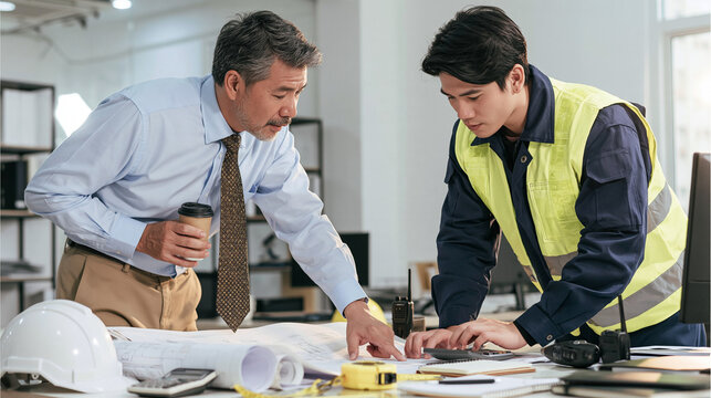 Collaboration in the Workplace: An experienced engineer guides a younger colleague over blueprints and documents, fostering teamwork and knowledge sharing in a professional office environment.