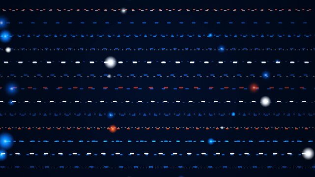 Abstract network of glowing particles and dashed lines moving through dark space, digital connections and data flow, futuristic technology concept