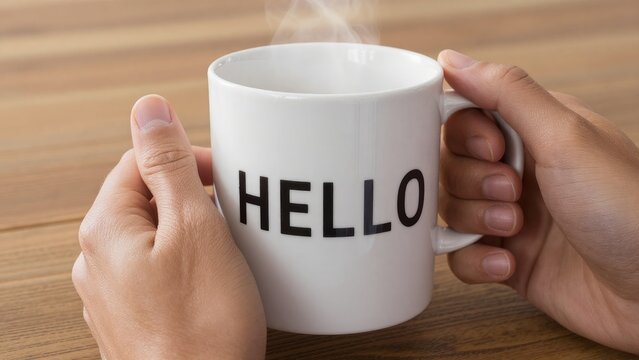 Cozy morning coffee with steaming mug featuring the word 'Hello'