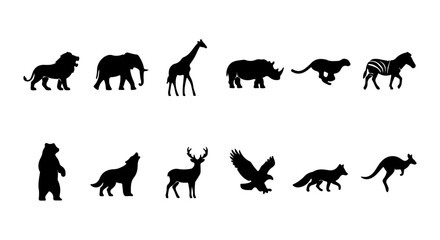 Fototapeta premium African Safari Wildlife Silhouettes, Zoo Animals Collection, Diverse Fauna Vector Icons