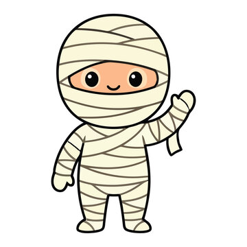 Cute little mummy waving hand Halloween costume vector illustration isolated on white background