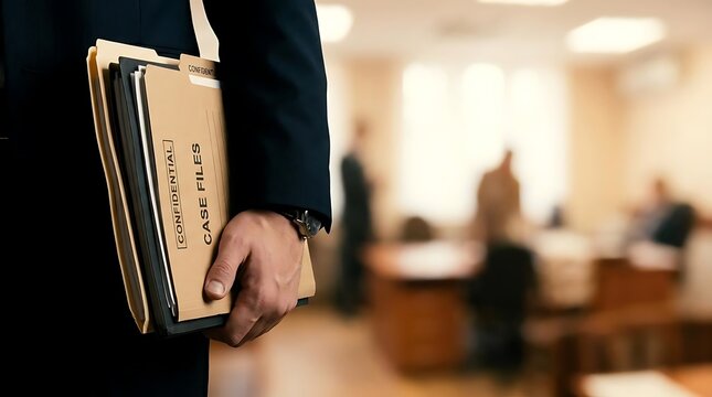 Professional holding brown case files in office environment.