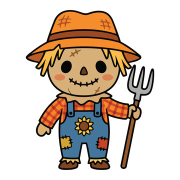 Cute scarecrow holding pitchfork autumn harvest Halloween costume vector illustration isolated on white background