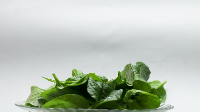 Fresh green spinach leaves rotating on glass plate isolated on white background.