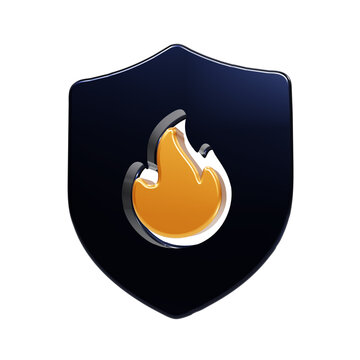 A3d shield featuring a glossy dark blue surface with a vibrant orange flame symbol centered on a plain black background, for security