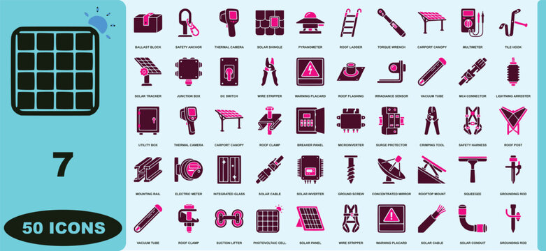 A set of fifty solar energy and industrial electrical featuring a dark purple and magenta color scheme on a light blue background, for use in, renewable energy and, engineering projects