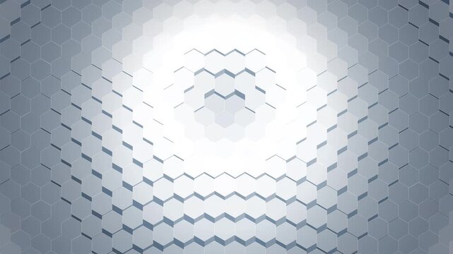 A premium 4K seamless 10-second looping motion graphic. Features a perfectly balanced medium shot of a clean 3D white hexagonal grid undulating in concentric radial waves, rendered using pseudo-isomet