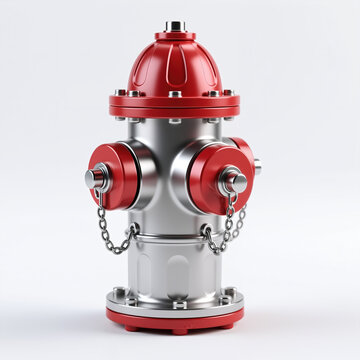 Silver fire hydrant with bright red caps and valve covers, placed on a plain white background with a simple and elegant style of illustration.