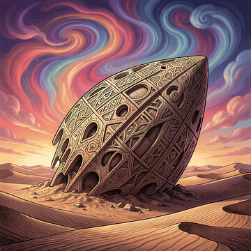 Illustration of an intricate engraving of a colossal, alien artifact half-buried in a desert landscape, with strange, geometric patterns etched