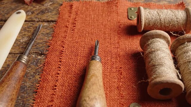 Professional leatherworking tools and thread on a wooden workbench.
