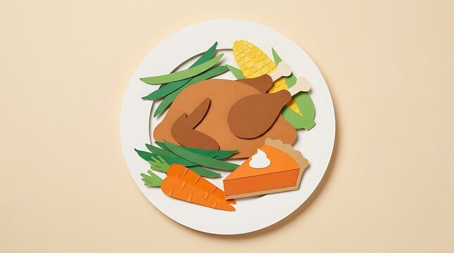 Paper craft thanksgiving dinner with roasted turkey and vegetables on white plate background