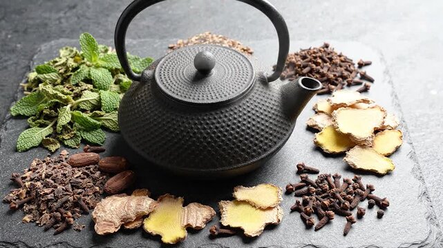 Cast iron teapot with fresh mint and sliced ginger.