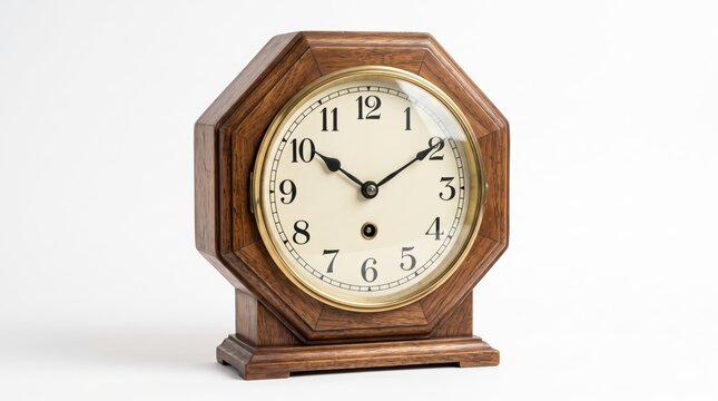 wooden mantel clock with an octagonal frame and white face
