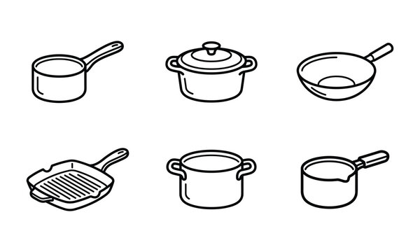 Kitchen pots and pans line art icons set on white background.
