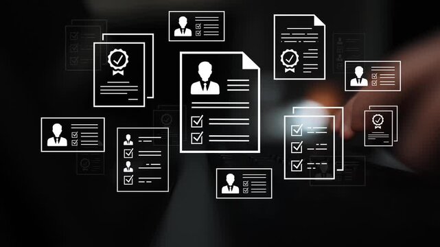 Modern digital representation of resumes and CVs with icons, symbols, abstract design for concepts of recruitment, hiring and job applications in a professional setting. Entropy.