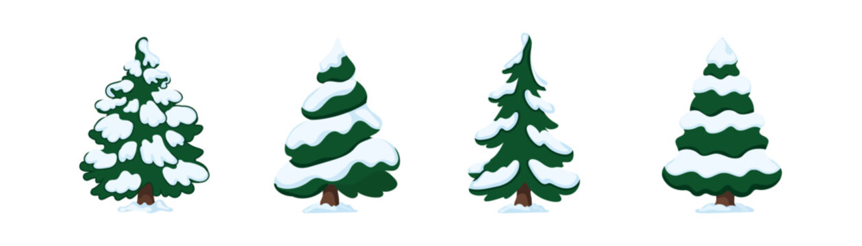 Snowy Winter Pine Trees Asset Collection Featuring Green Evergreen Fir Vector Illustration on Transparent Background