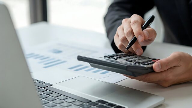 Businessman using a calculator and reviewing financial data at an office desk with a laptop