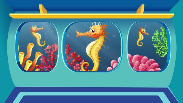 Cartoon Submarine Portholes Viewing Seahorses and Coral Reef Animation