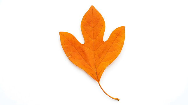 Single orange sassafras leaf isolated on a white background