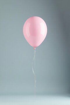 A single pale pink balloon floats elegantly on a light-blue backdrop, its silver string gently curving in a graceful arc.