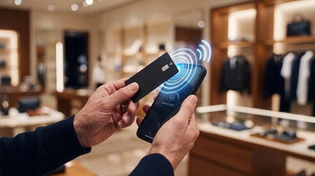 A customer uses a mobile device to scan a debit card for completing a wireless financial transaction during a shopping trip inside a luxury retail clothing store setting for faster payment