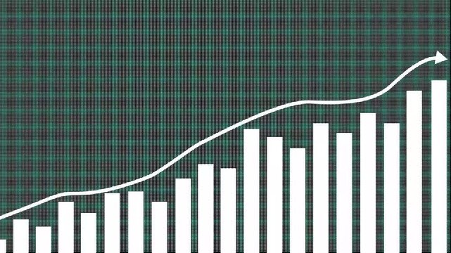 Blue Bar Chart and Rising Arrow Animation Showing Growth Trend on Dark Grid Background 4k video animation.