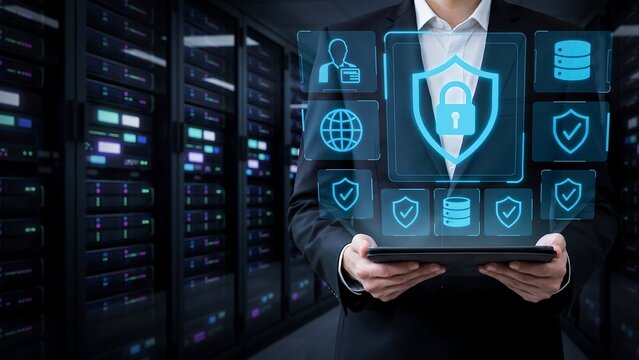 Business man holding tablet with digital cyber security shield and data icons in server room