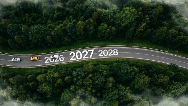 Road ahead to 2026, 2027, and 2028 with cars driving on a highway surrounded by lush green trees and clouds