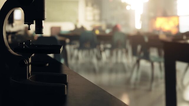 A microscope sits on a desk in a bright classroom. Students gather around tables, engaged in scientific exploration. Sunlight streams through windows, illuminating their eager faces.