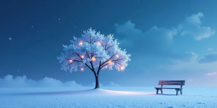 Serene Winter Scene Illuminated Snow-Covered Tree and Empty Bench in a Snowy Landscape Under a Twilight Sky