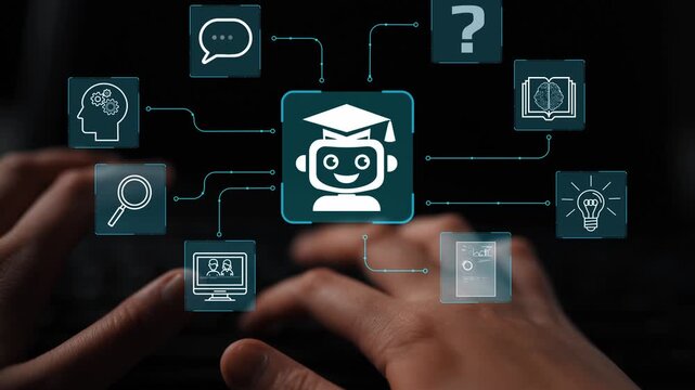 Educational Technology Concept Featuring Chatbot and Learning Icons on Dark Background with Hands Typing on Keyboard. Entropy.