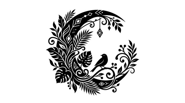 Black bird perched on elegant ornate floral design