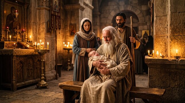 Biblical Scene of the Presentation of Jesus in the Temple with Simeon Holding the Infant Christ Child and Mary and Joseph Watching in a Candlelit Ancient Church
