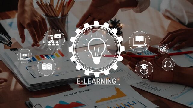 A dynamic scene depicting e-learning with a lightbulb icon, showcasing collaboration and digital education tools in an office environment, enhancing knowledge sharing. Raster