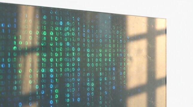 Digital Rain of Binary Code on Glass Panel