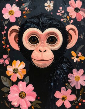 A cute, stylized painting of a monkey surrounded by pink and orange flowers on a dark background.