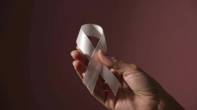 Pink breast cancer awareness ribbon and hand on pink background. Slow motion._prob3