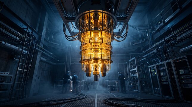 Advanced Quantum Computer Processor Glowing Golden in Dark Futuristic Laboratory with Technicians and Server Racks