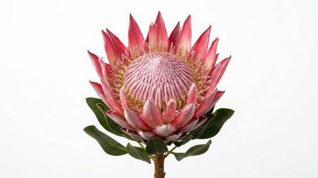 King protea flower in vibrant pink bloom stands isolated against a plain white background.
