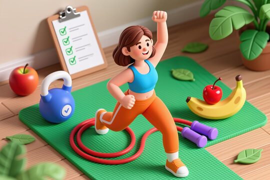 Cartoon woman in workout attire on a green yoga mat surrounded by exercise gear, fruits, and a checklist on a clipboard in a cozy room.