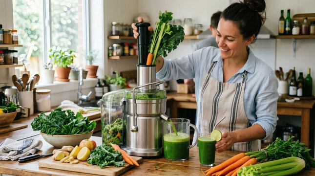Woman Making Green Juice in Bright Home Kitchen Surrounded by Fresh Vegetables and Fruits

