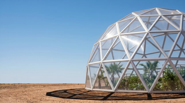 Geodesic dome greenhouse cultivating diverse plants in arid desert, symbolizing sustainable living and future exploration.