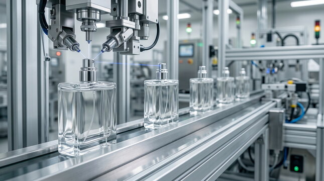 Perfume bottles moving on automated conveyor with robotic arm in modern cosmetic factory for industrial production and packaging.