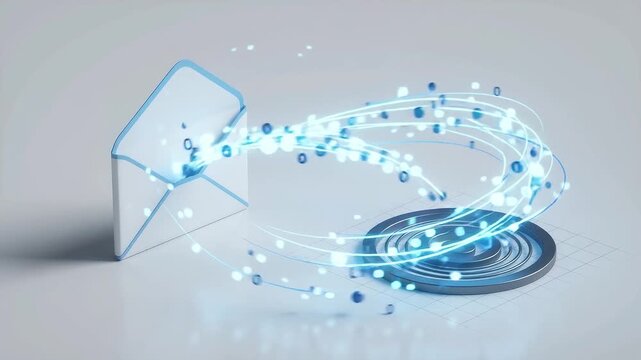 An automated email marketing funnel transferring digital glowing data particles from an open envelope icon into a circular processing target, illustrating modern corporate lead generation workflows.